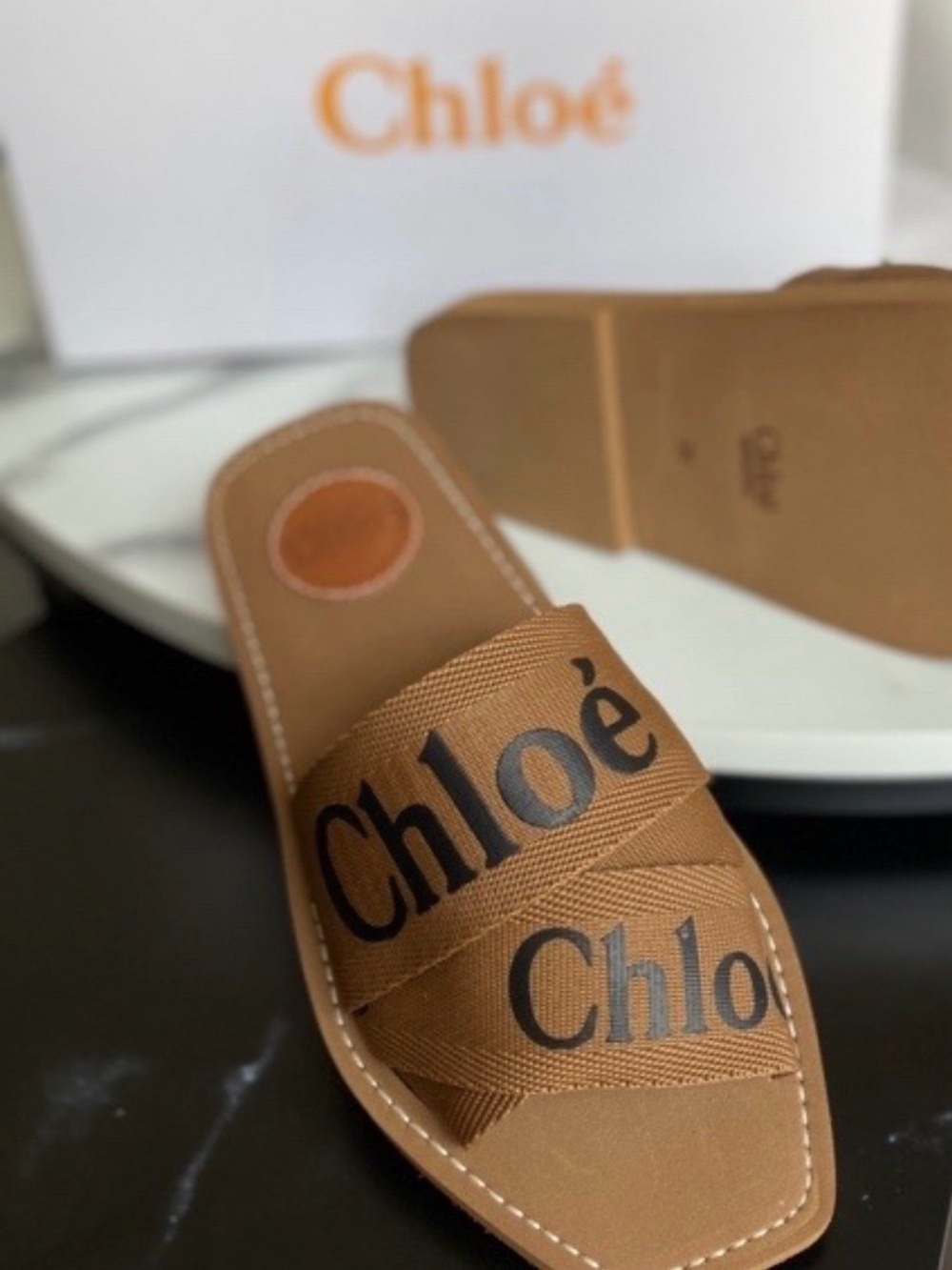 Kids Tan Logo Slide Sandals